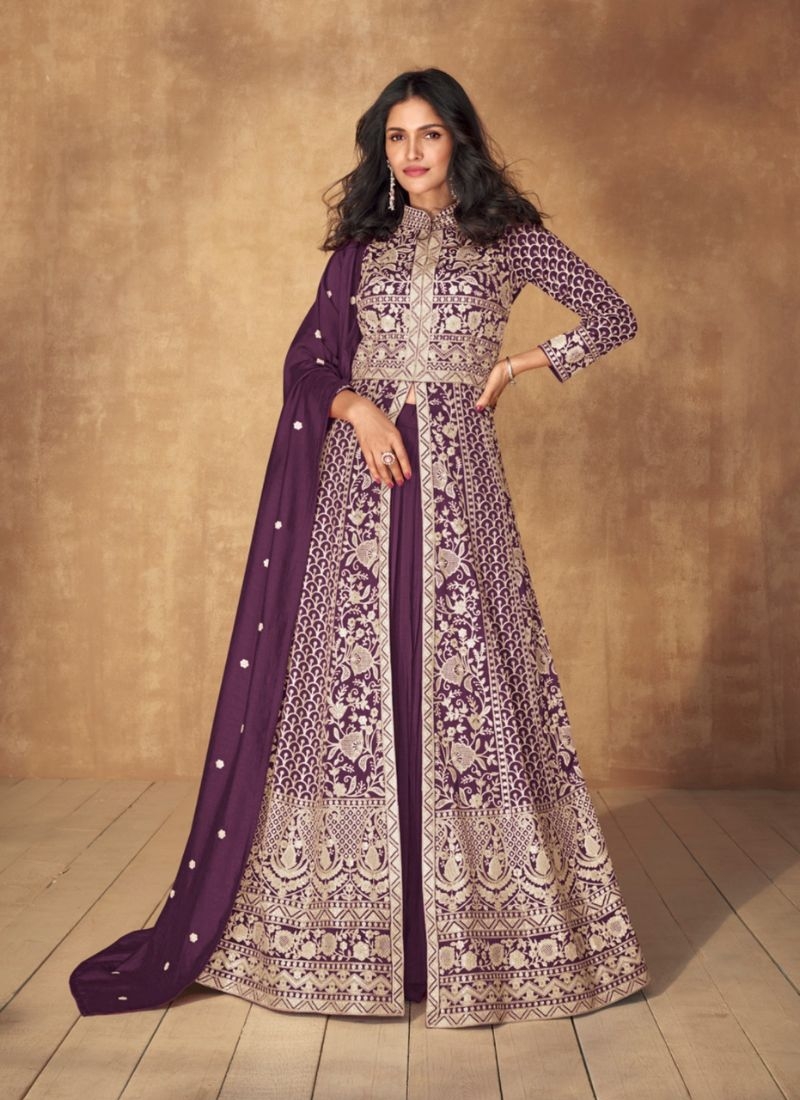 Beautifully embroidered silk Anarkali suit in dark purple