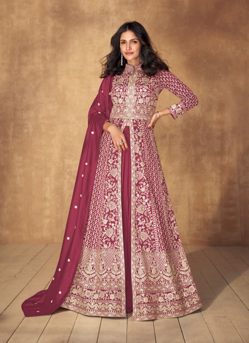 Beautifully embroidered silk Anarkali suit in pink