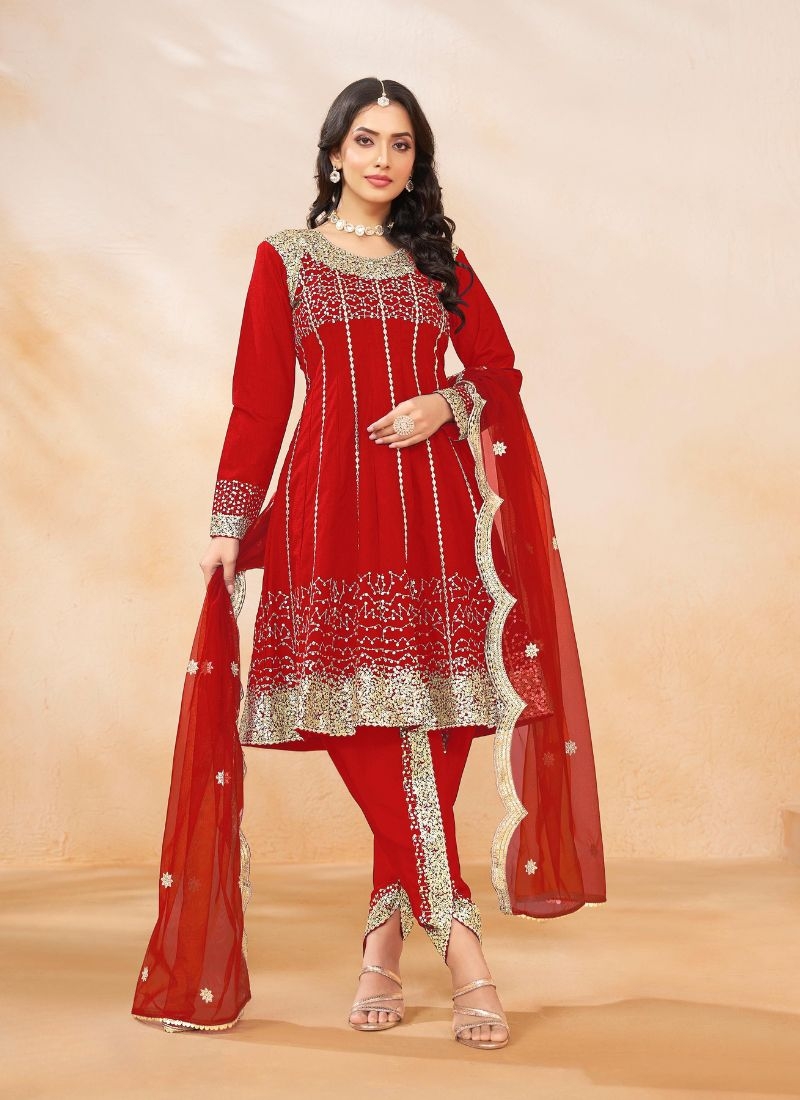 Stunning embroidered silk salwar suit in red