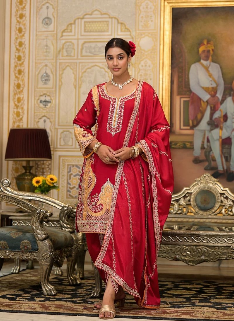 Designer embroidered premium Chinon salwar suit in red