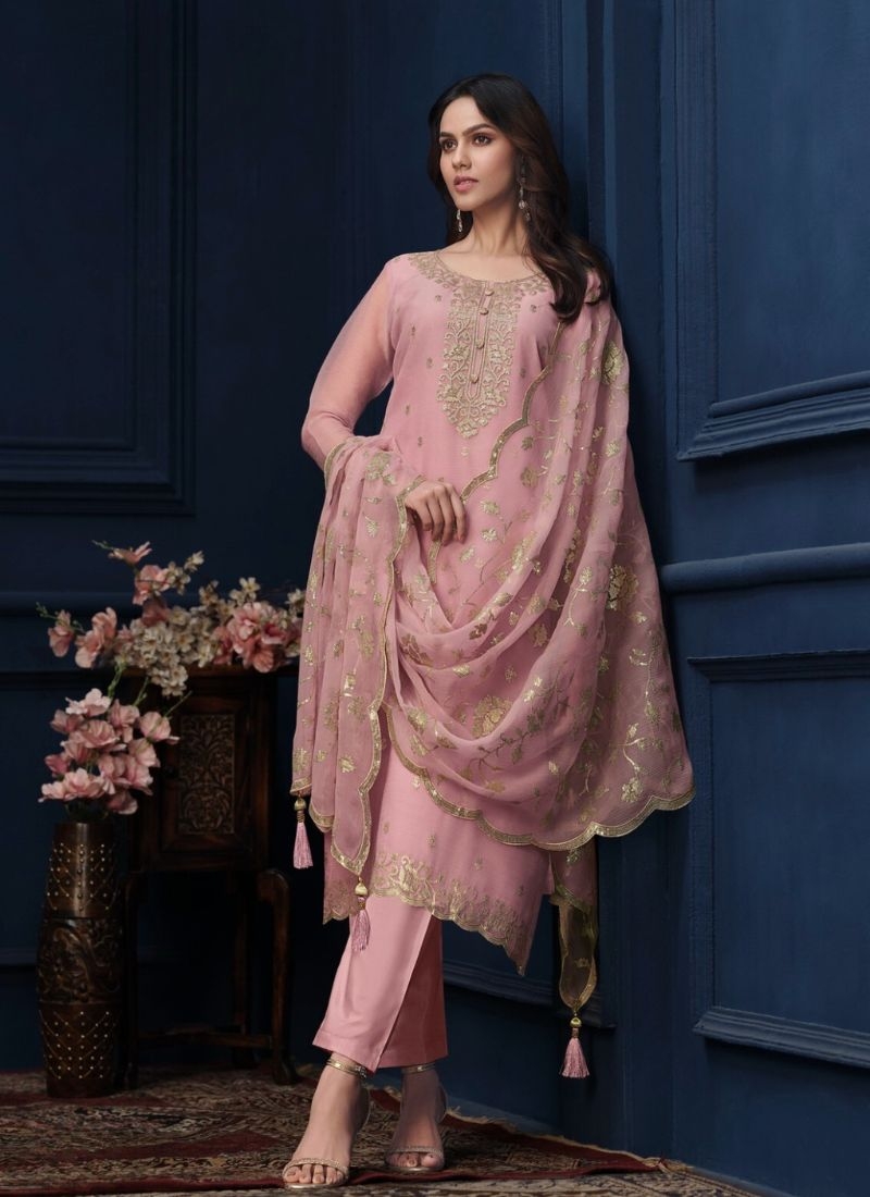 Embroidery work organza chiffon pant suit in pink