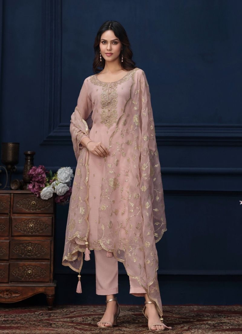 Embroidery work organza chiffon pant suit in nude pink