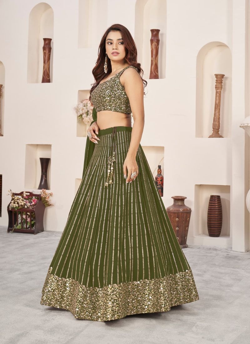 Exquisite embroidered georgette lehenga choli in mehandi