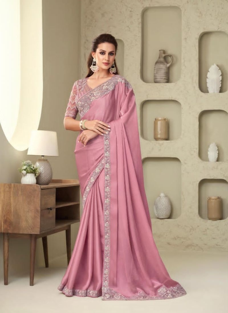 Designer sequin embroidered silk saree in pink