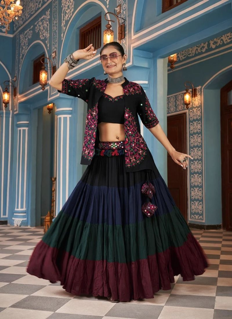 Stunning embroidered rayon lehenga choli with waist belt in black