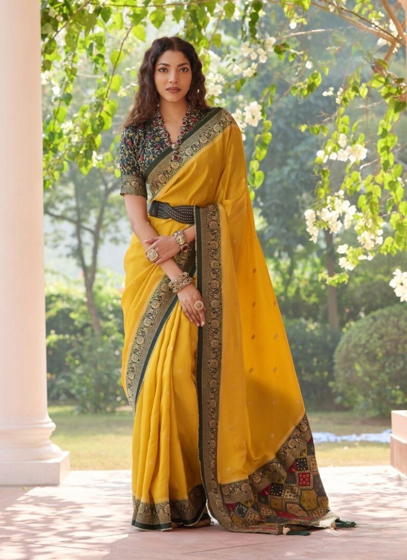 Designer embroidered viscose saree in yellow