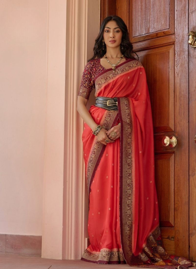 Designer embroidered viscose saree in red