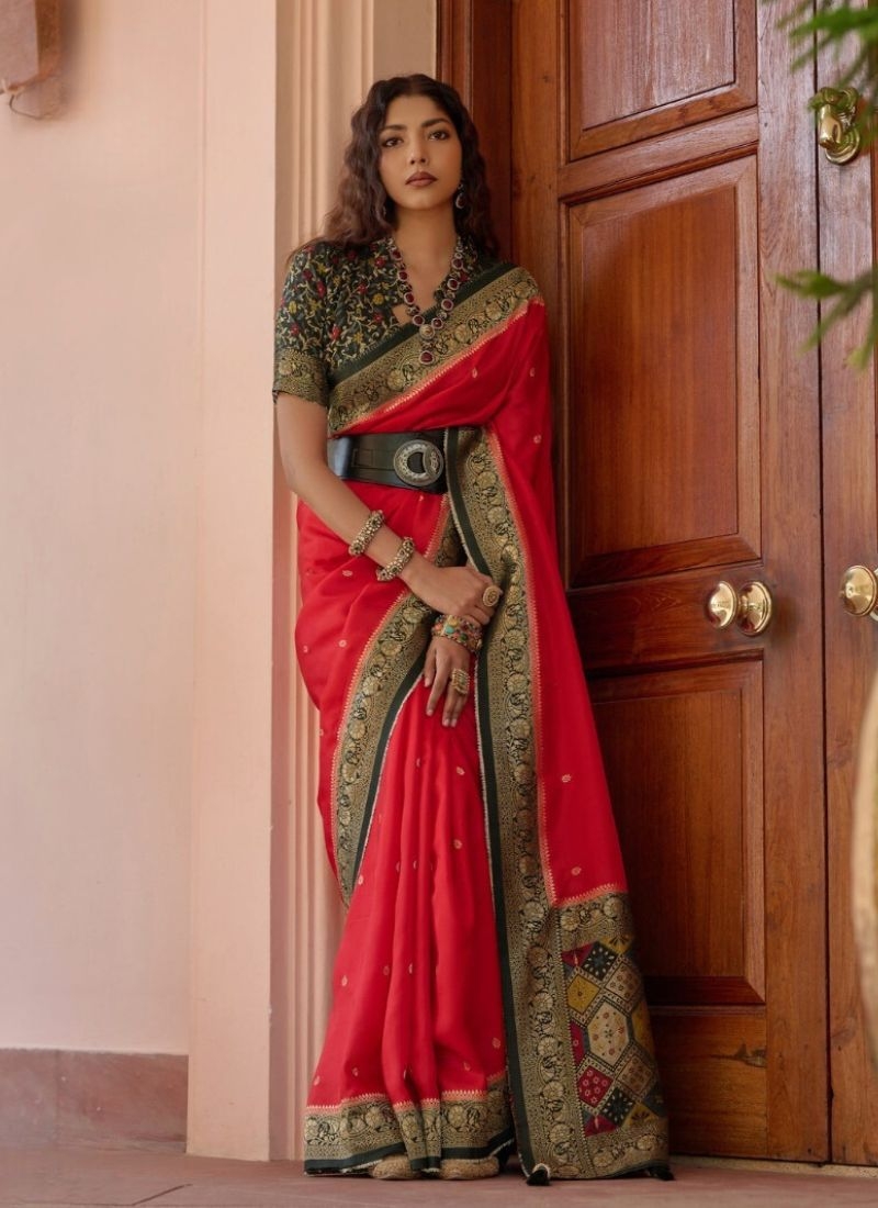 Designer zari embroidered viscose saree in red