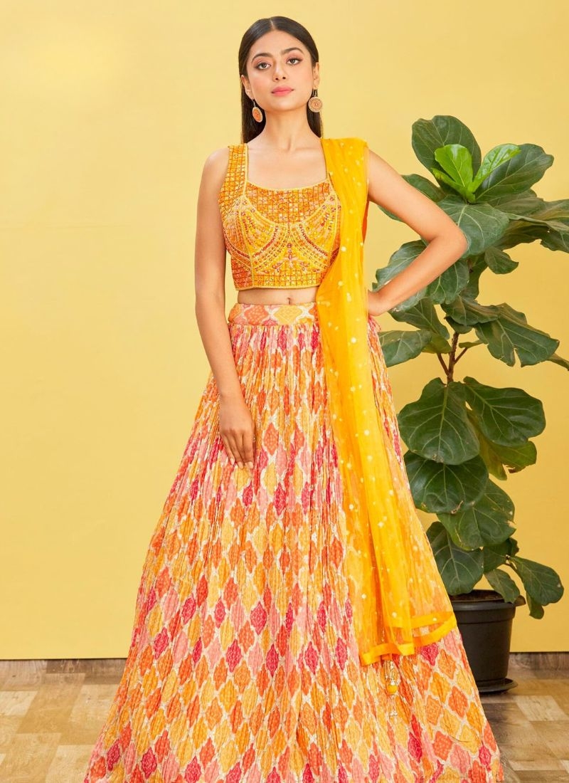 Designer printing work pure georgette lehenga choli in yellow