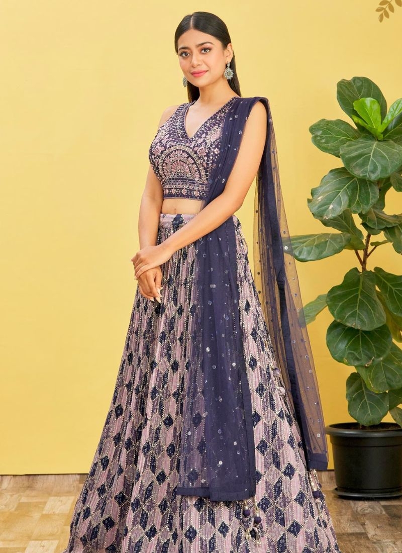 Designer printing work pure georgette lehenga choli in violet