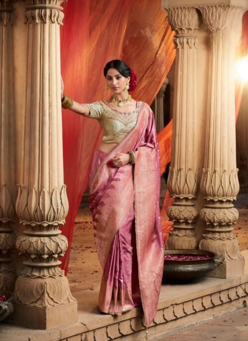 Zari weaving classical satin silk saree in baby pink