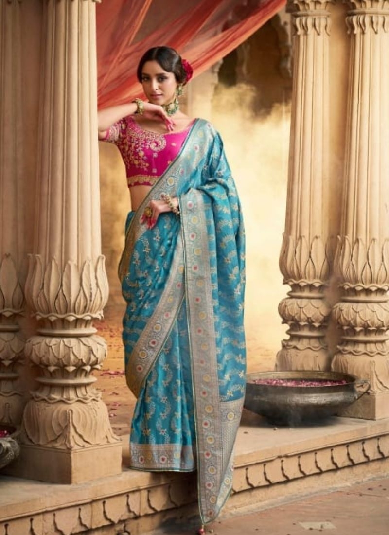 Zari weaving classical satin silk saree in blue