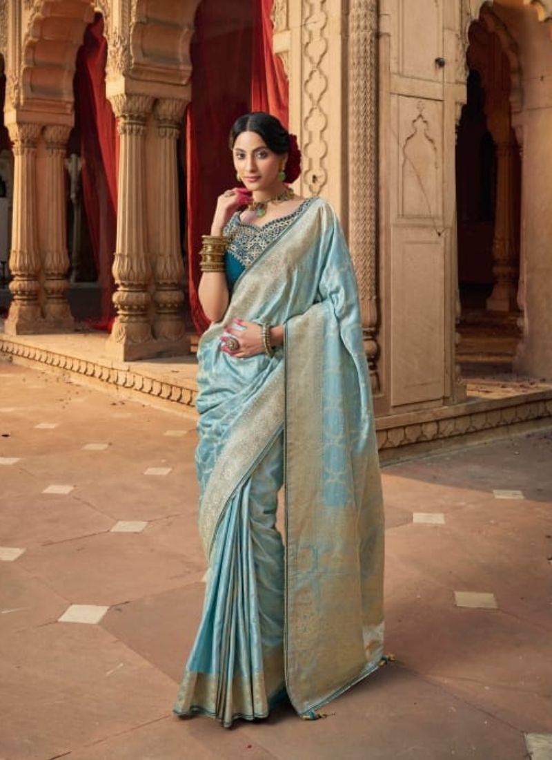 Zari weaving classical satin silk saree in sky blue