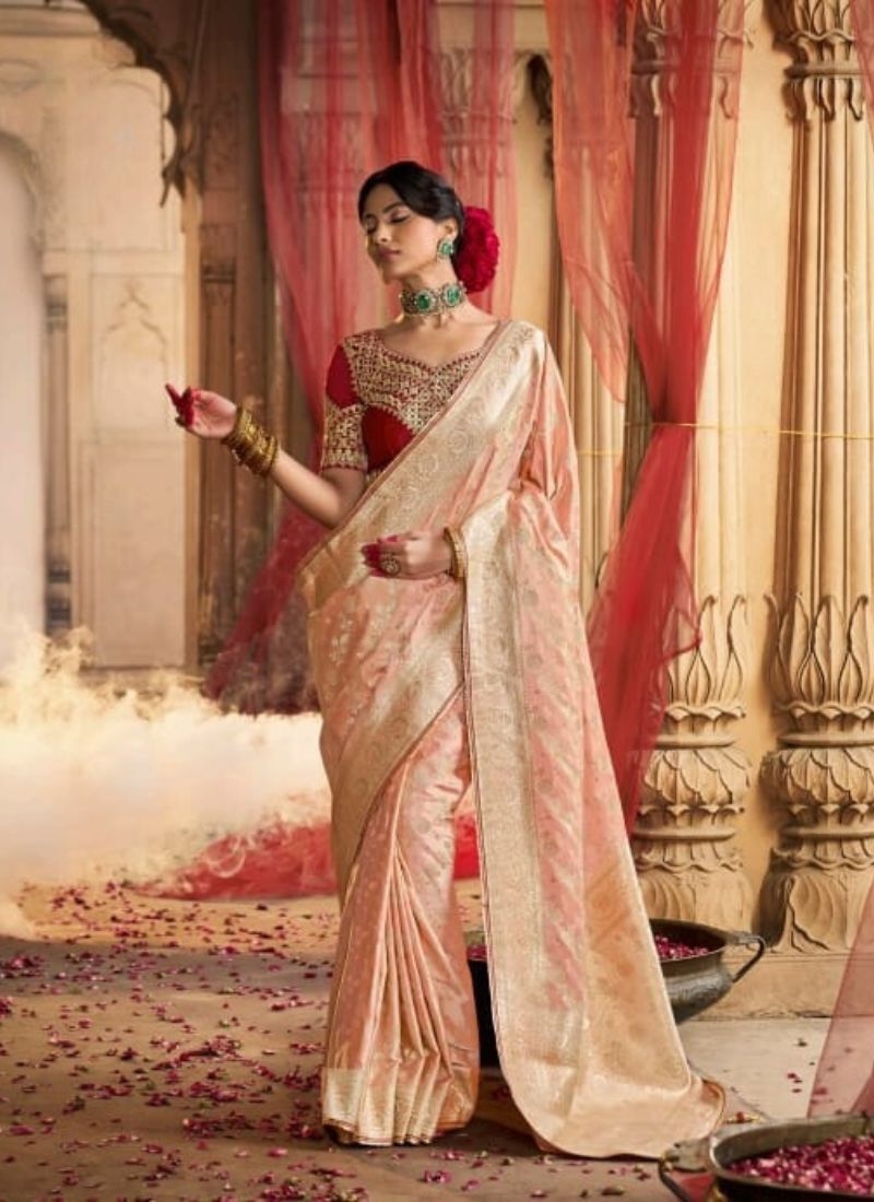 Zari weaving classical satin silk saree in beige