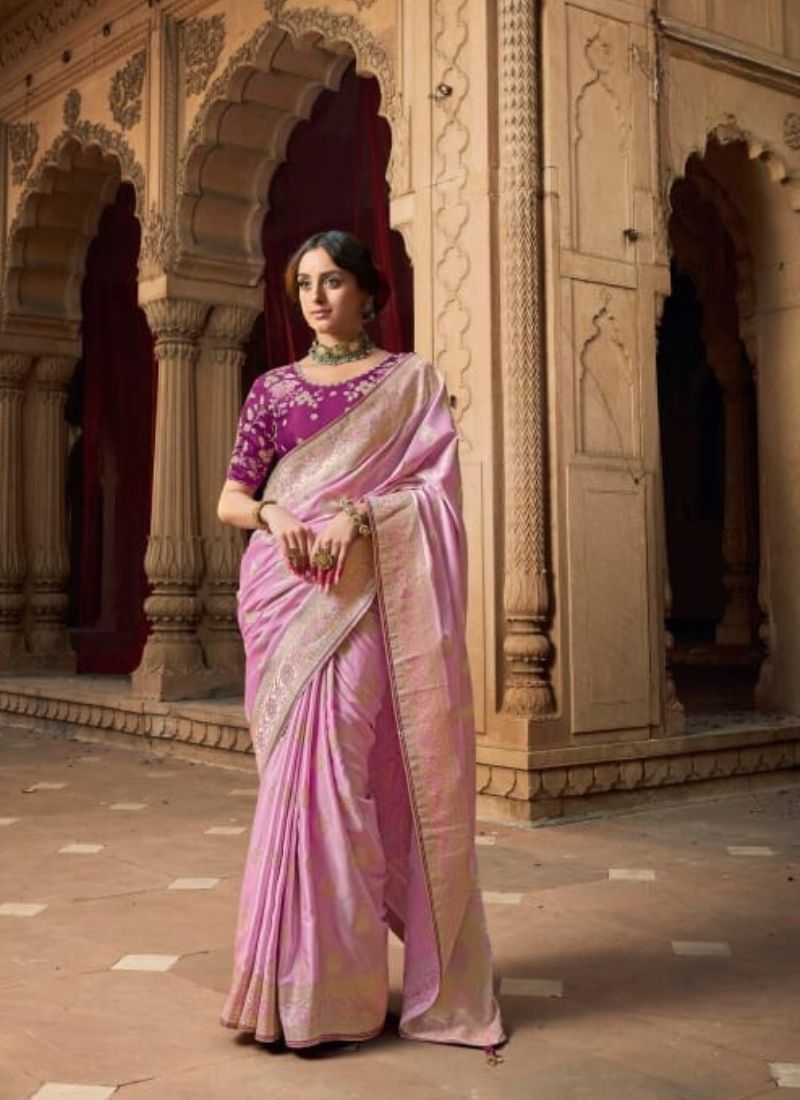 Zari weaving classical satin silk saree in light pink