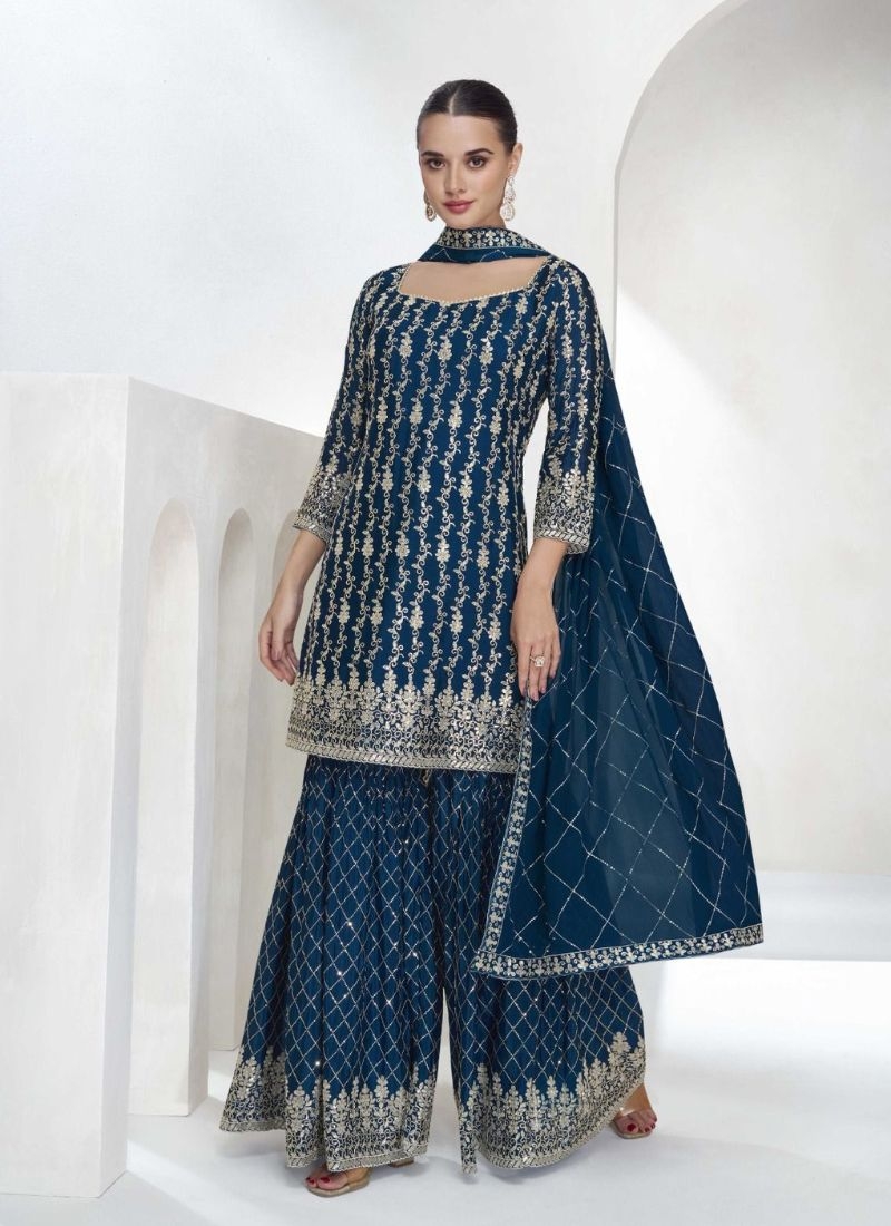 Exquisite pearl embroidered Chinon palazzo suit in dark blue