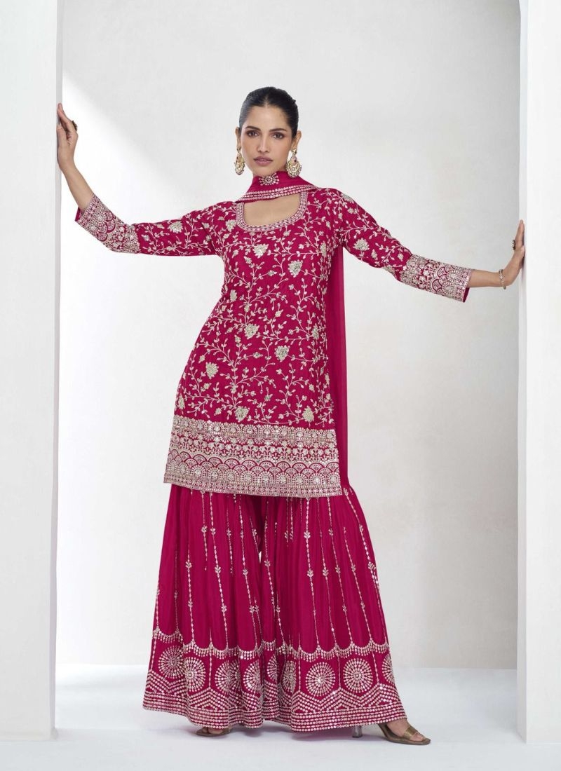 Exquisite pearl embroidered Chinon palazzo suit in pink