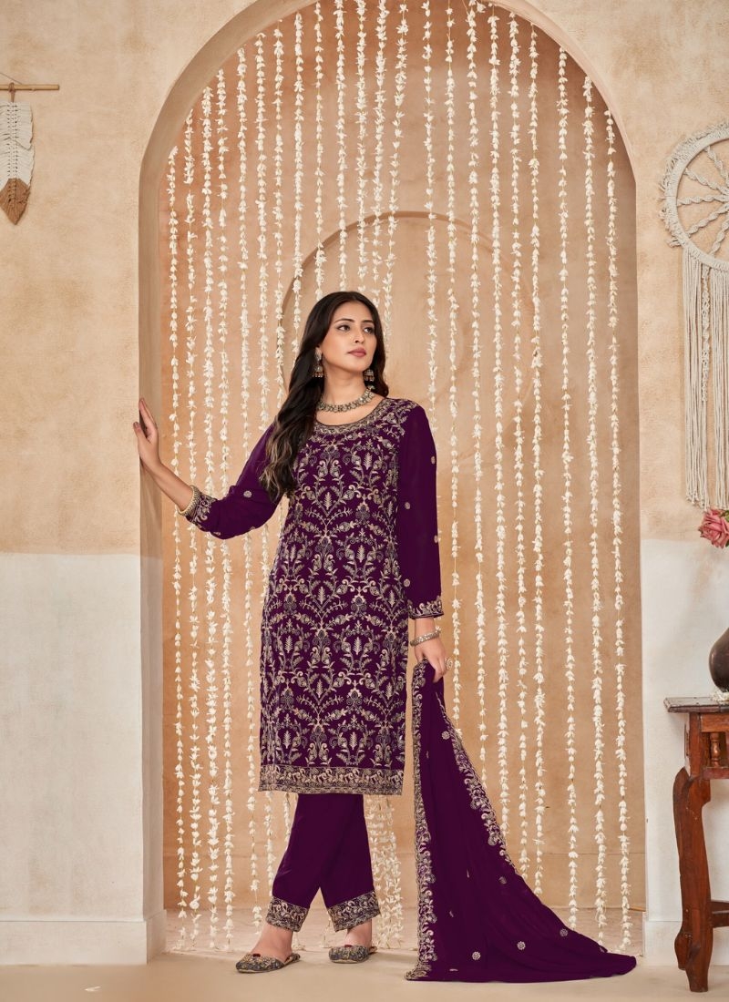 Designer sequence embroidered faux georgette kurta pantsuit in maroon