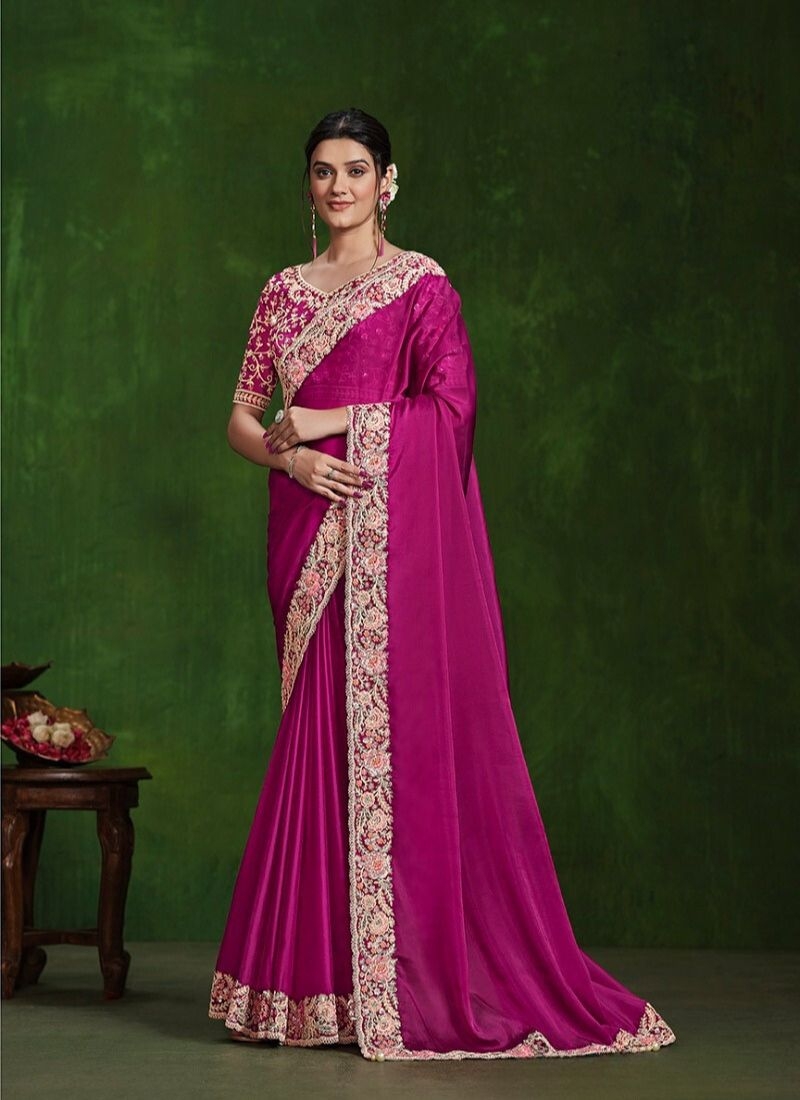 Exquisite handwork embroidered satin silk saree in purple