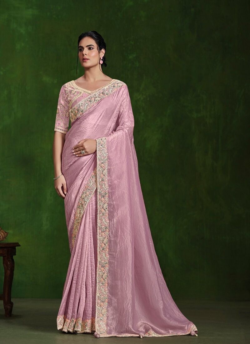 Exquisite handwork embroidered satin silk saree in baby pink