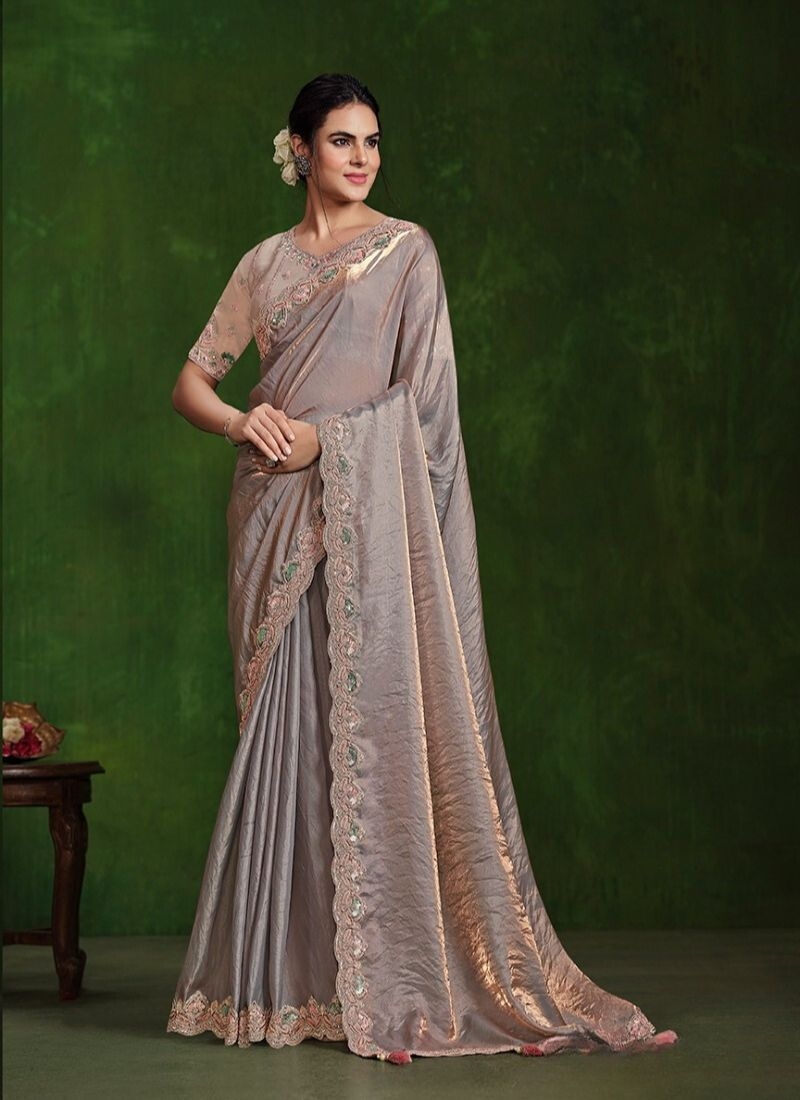 Exquisite handwork embroidered satin silk saree in grey