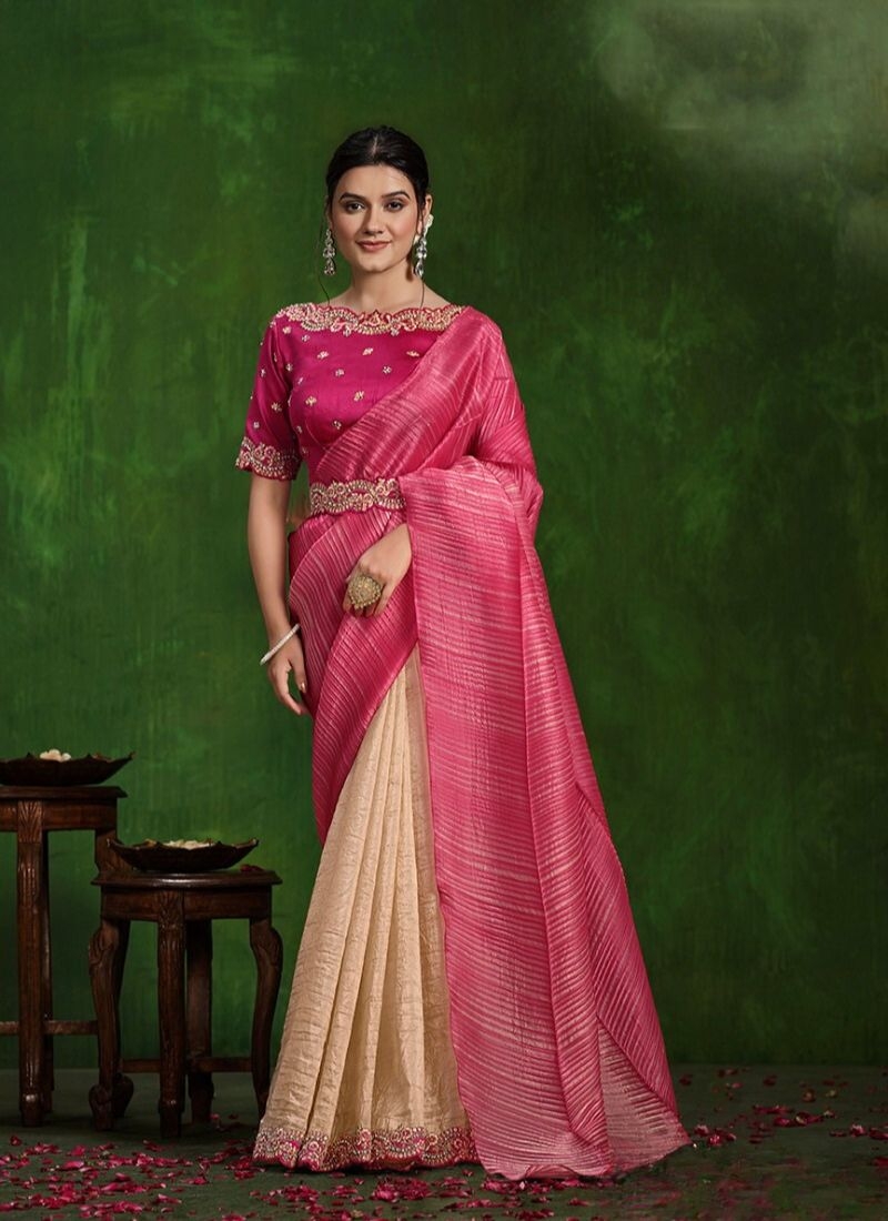 Exquisite handwork embroidered satin silk saree in pink