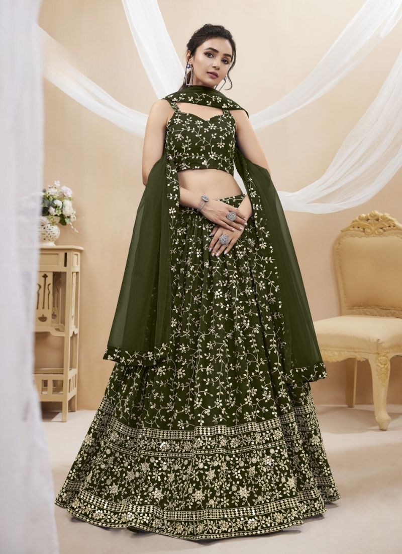 Beautiful mirror embroidered georgette lehenga choli in dark green