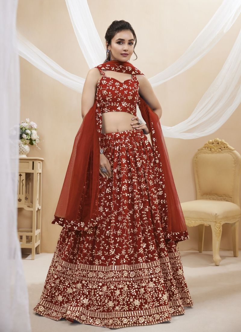 Beautiful mirror embroidered georgette lehenga choli in red