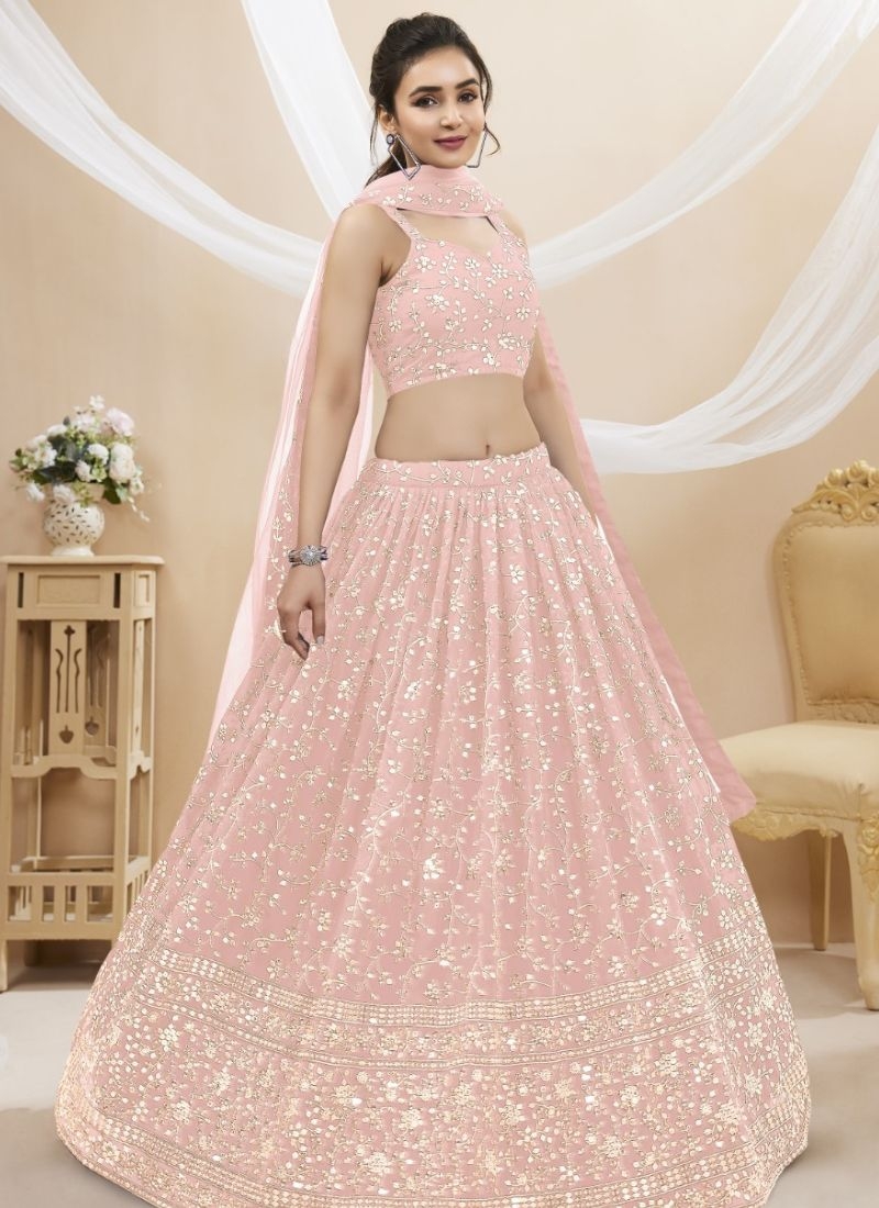 Beautiful mirror embroidered georgette lehenga choli in baby pink