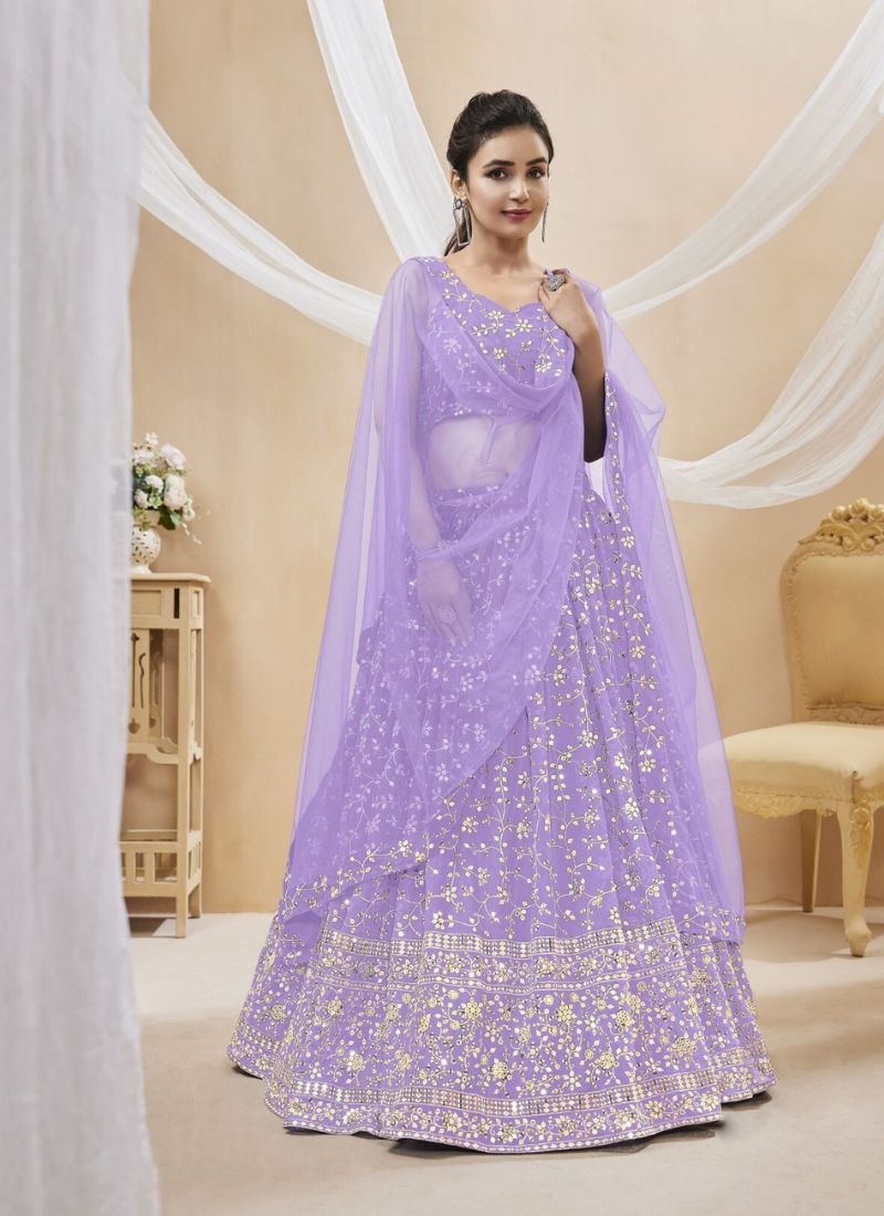 Beautiful mirror embroidered georgette lehenga choli in light purple