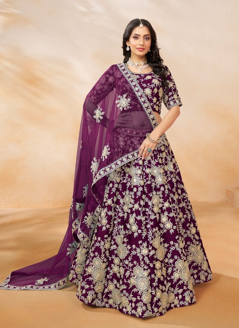 Stunning floral embroidered silk lehenga choli in purple