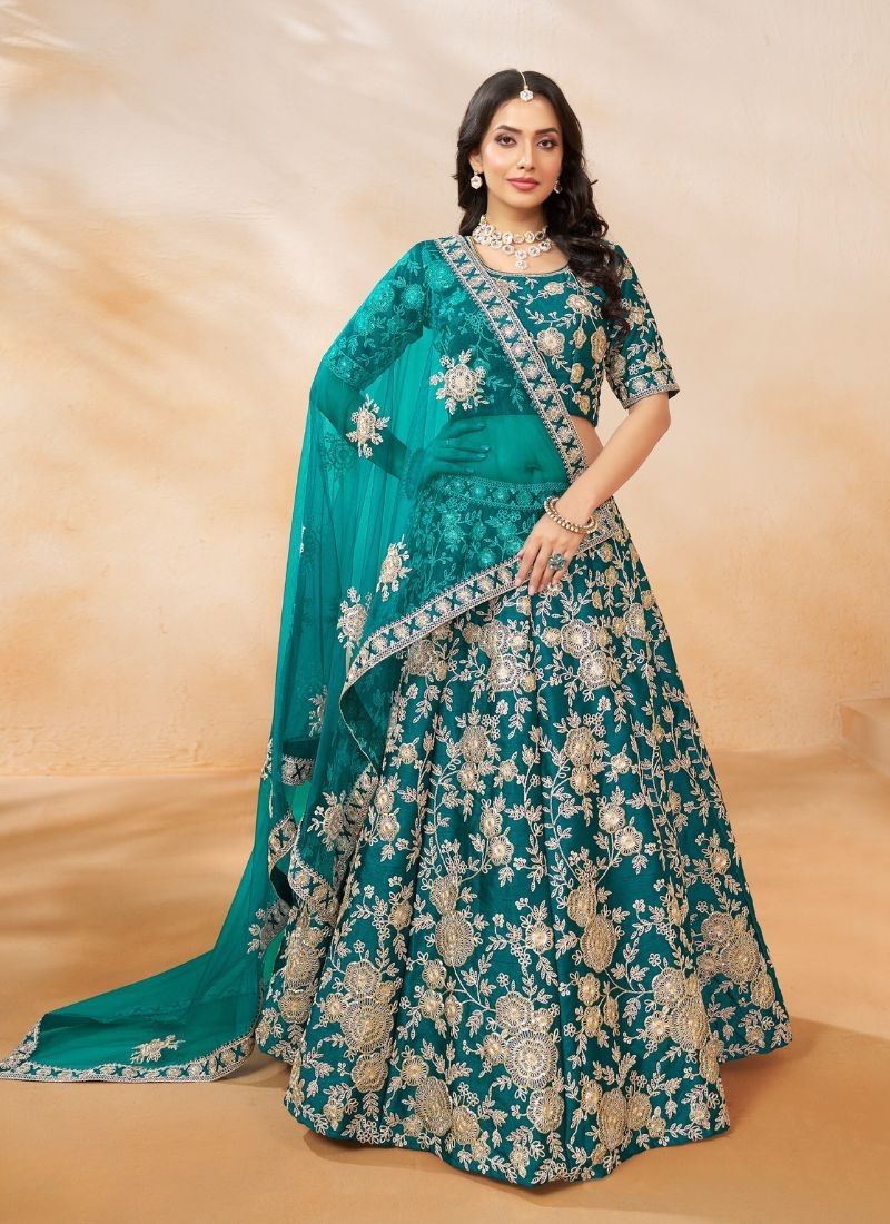 Stunning floral embroidered silk lehenga choli in sky blue