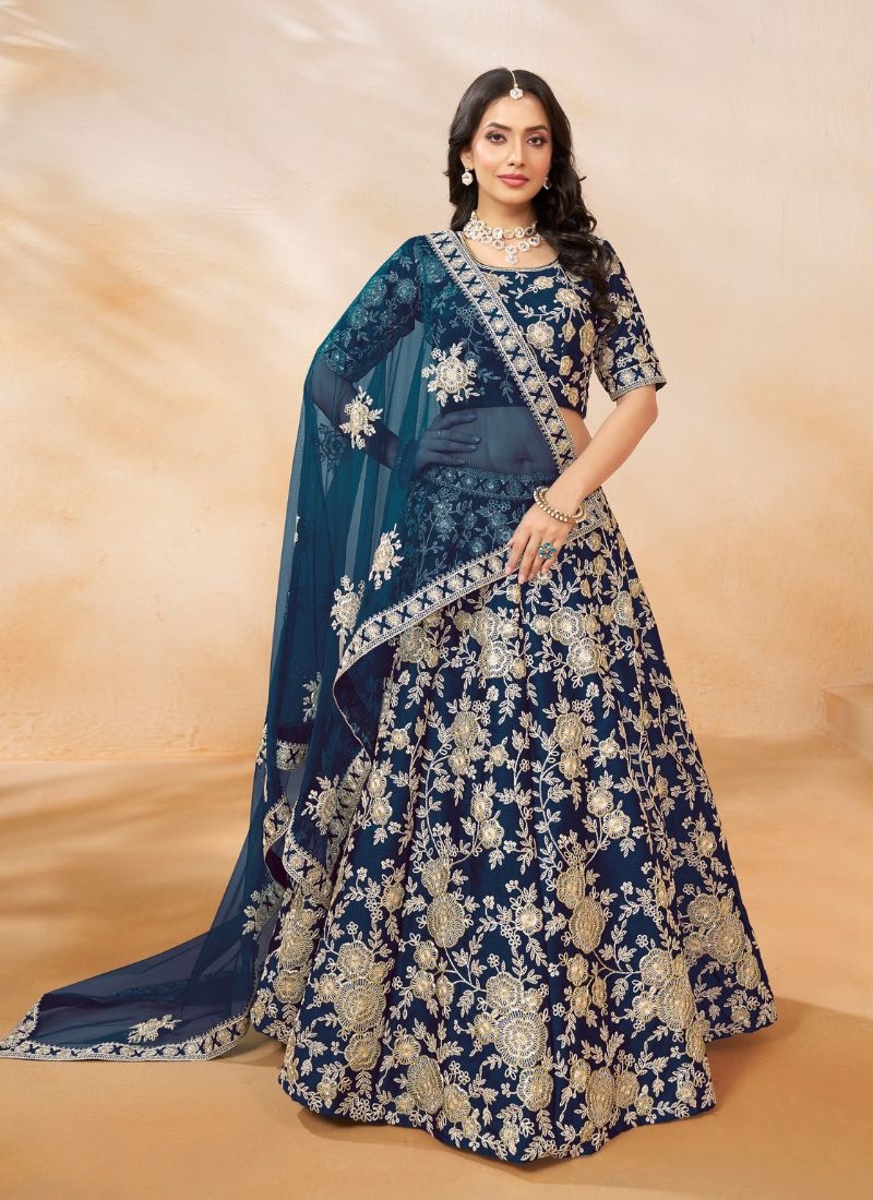 Stunning floral embroidered silk lehenga choli in dark blue