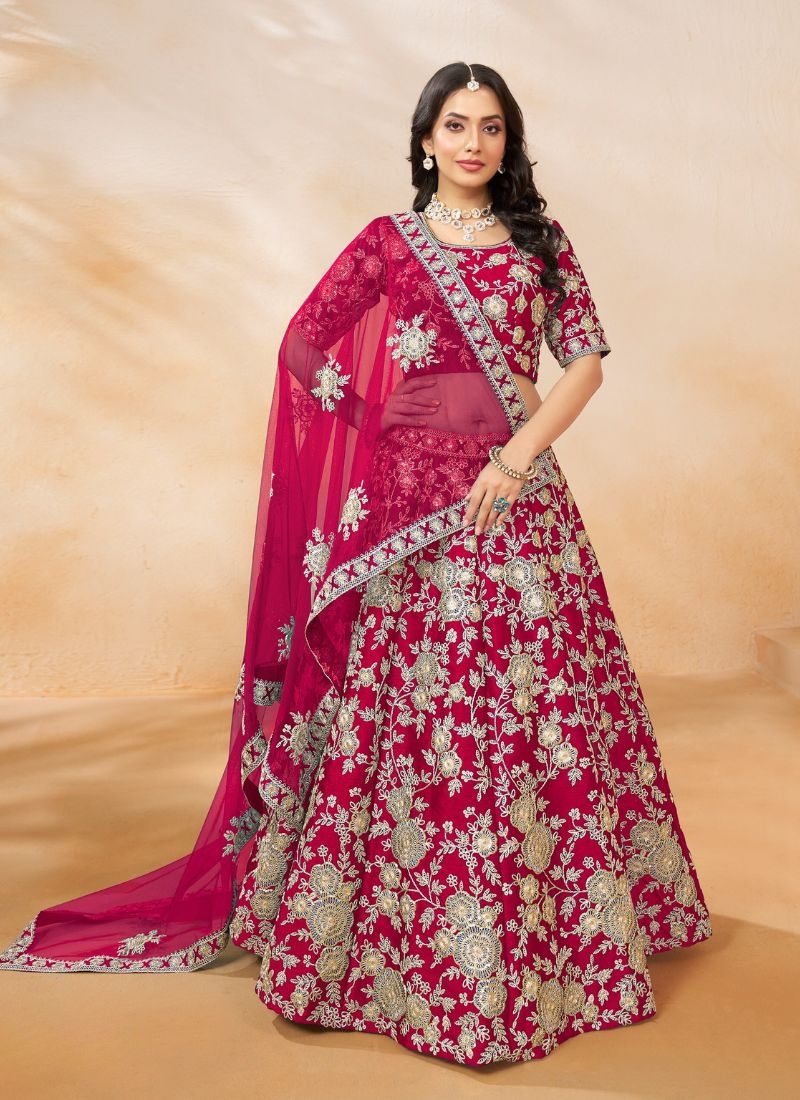 Stunning floral embroidered silk lehenga choli in pink