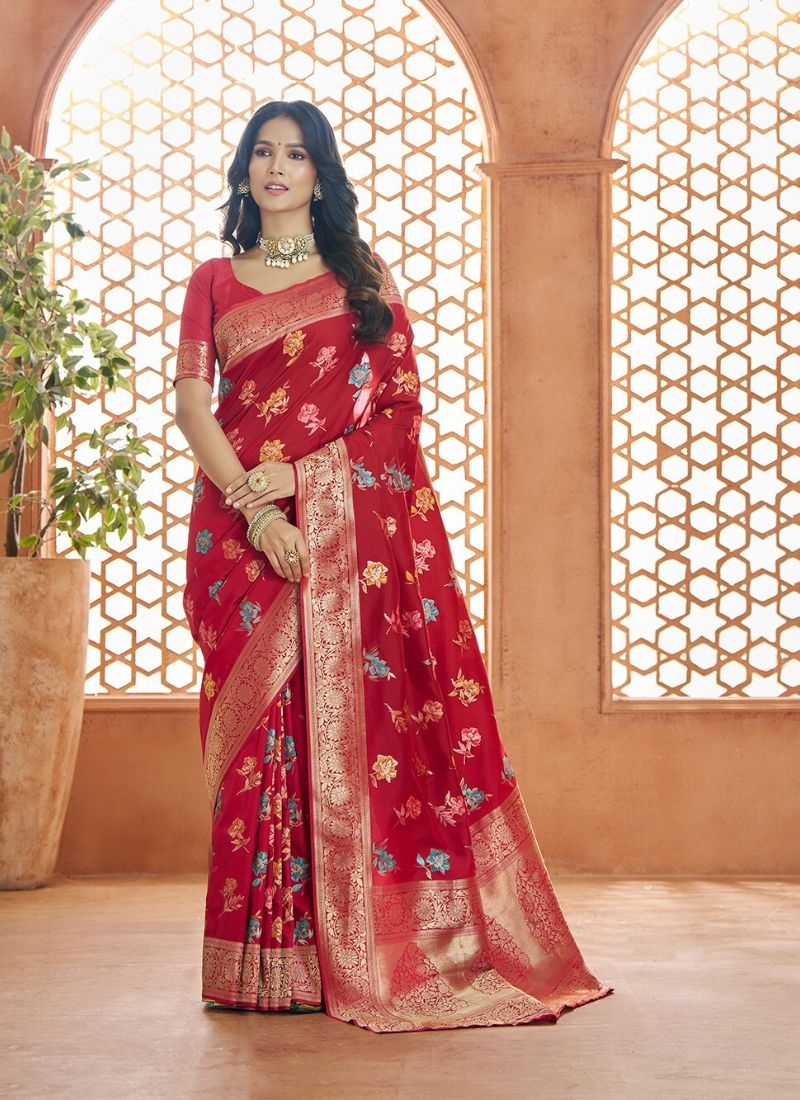 Designer soft handloom weaved banarasi silk saree in red