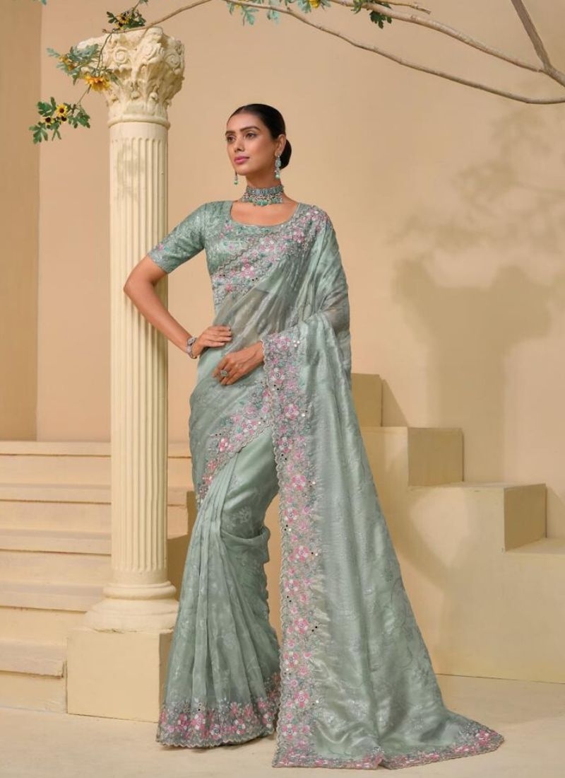 Stunning Heavy embroidered pure silk saree in light blue