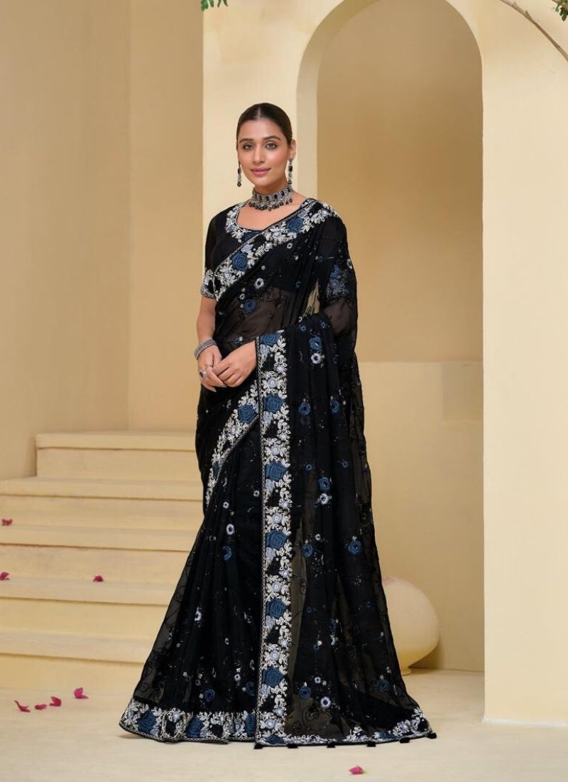 Stunning Heavy embroidered pure silk saree in black