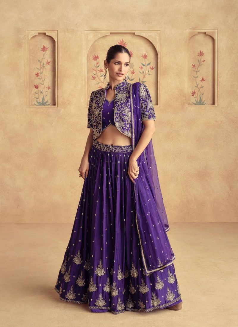 Designer heavy embroidered real georgette lehenga in purple