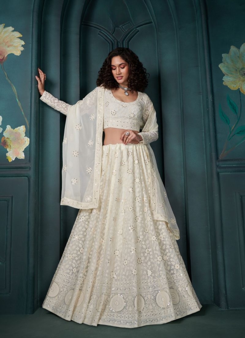 Gorgeous pearl embroidered organza net lehenga in cream