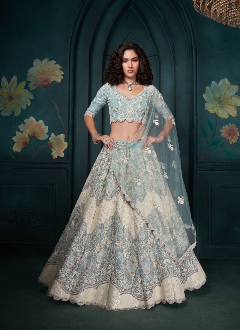 Gorgeous pearl embroidered organza net lehenga in blue