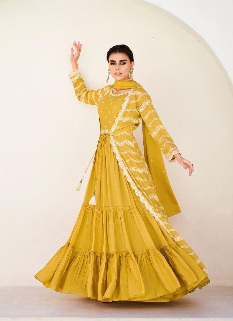 Designer embroidered Chinon lehenga with long shrug in yellow