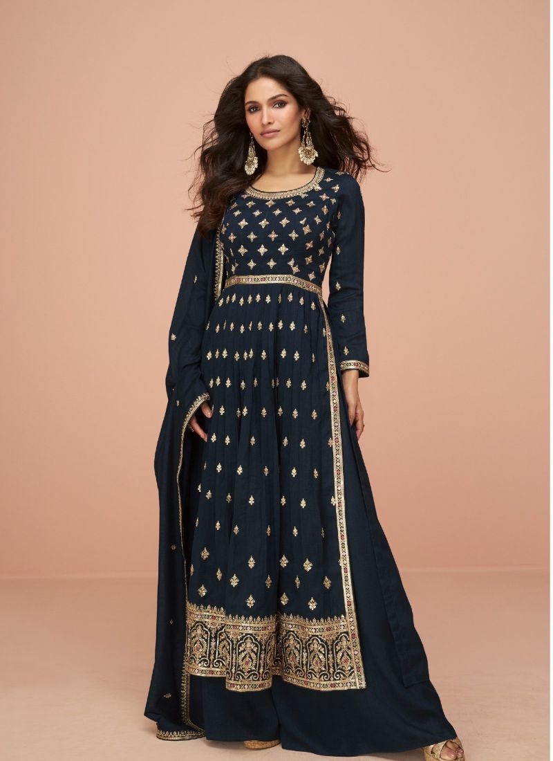 Hand embroidered premium silk palazzo suit in black