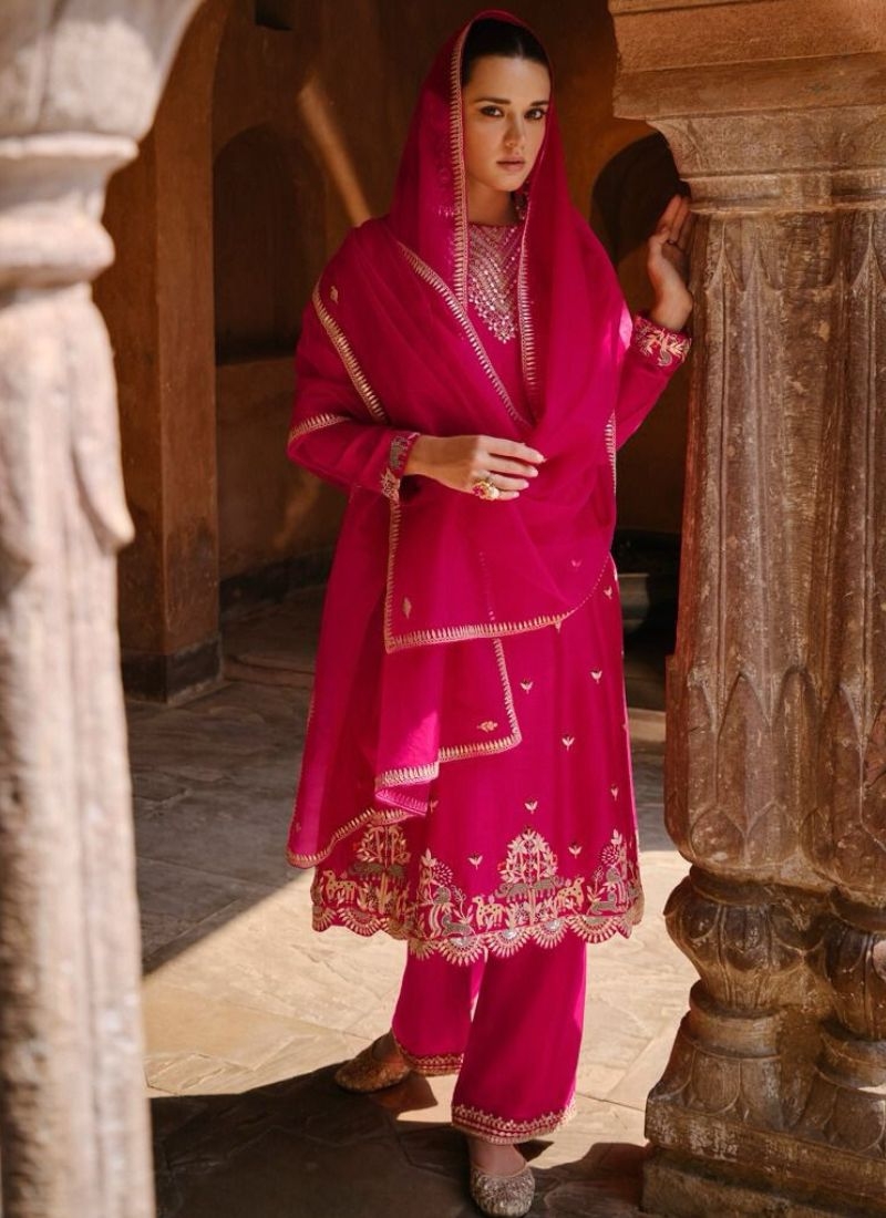 Stunning embroidered silk kurta pant suit in pink