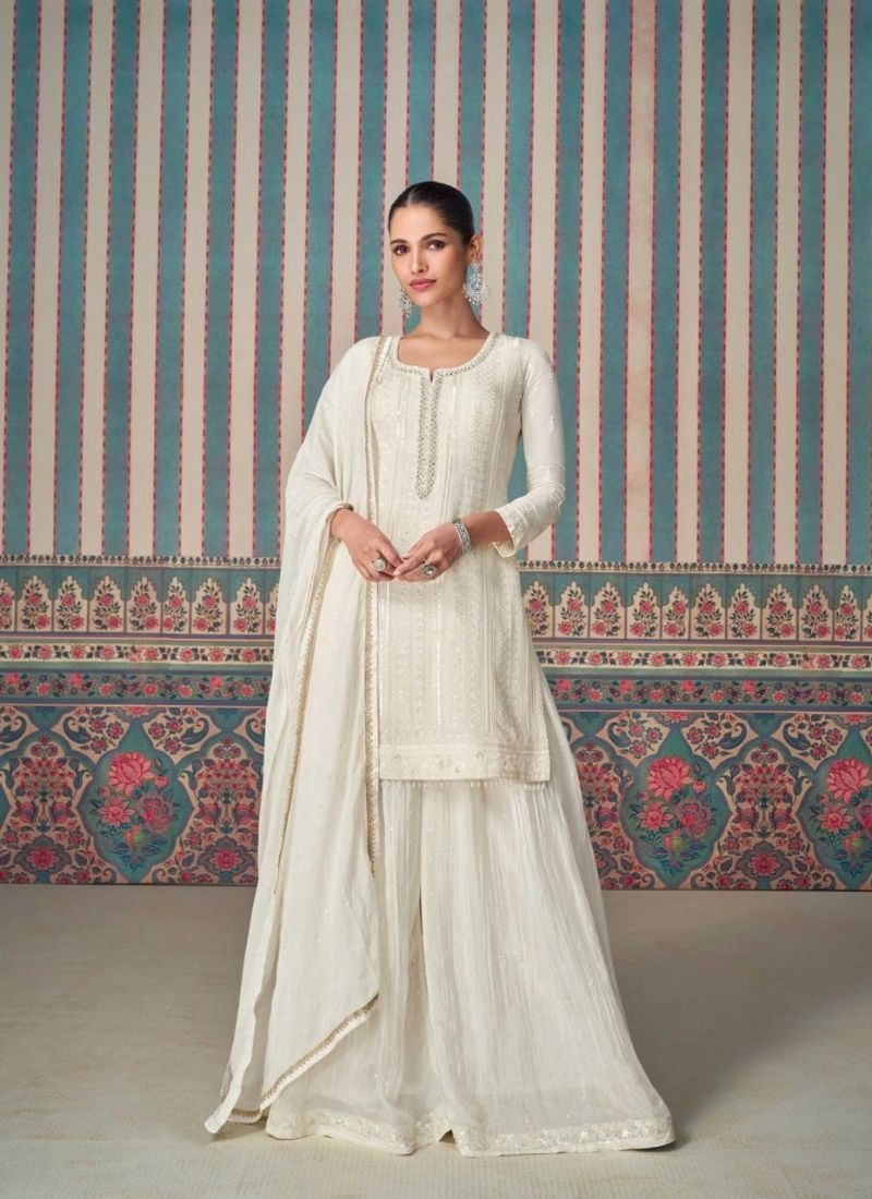 Designer heavy embroidered chinon silk sharara suit in cream