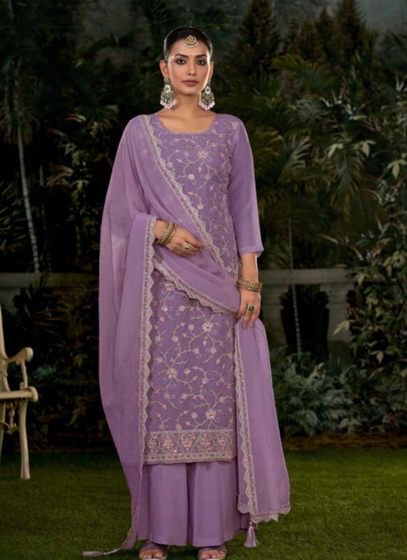 Designer Zarkan embroidered crunchi silk kurta pant suit in purple