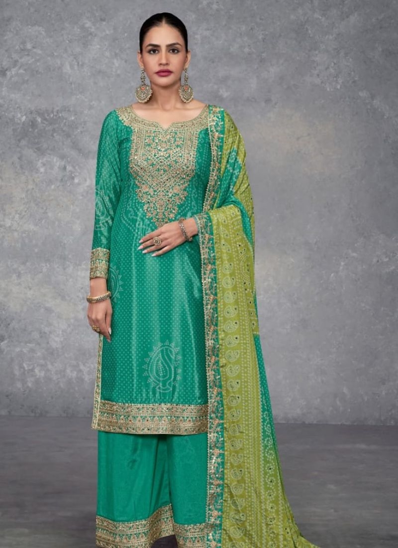 Digital printed and mirror embroidered Chinon palazzo suit in green