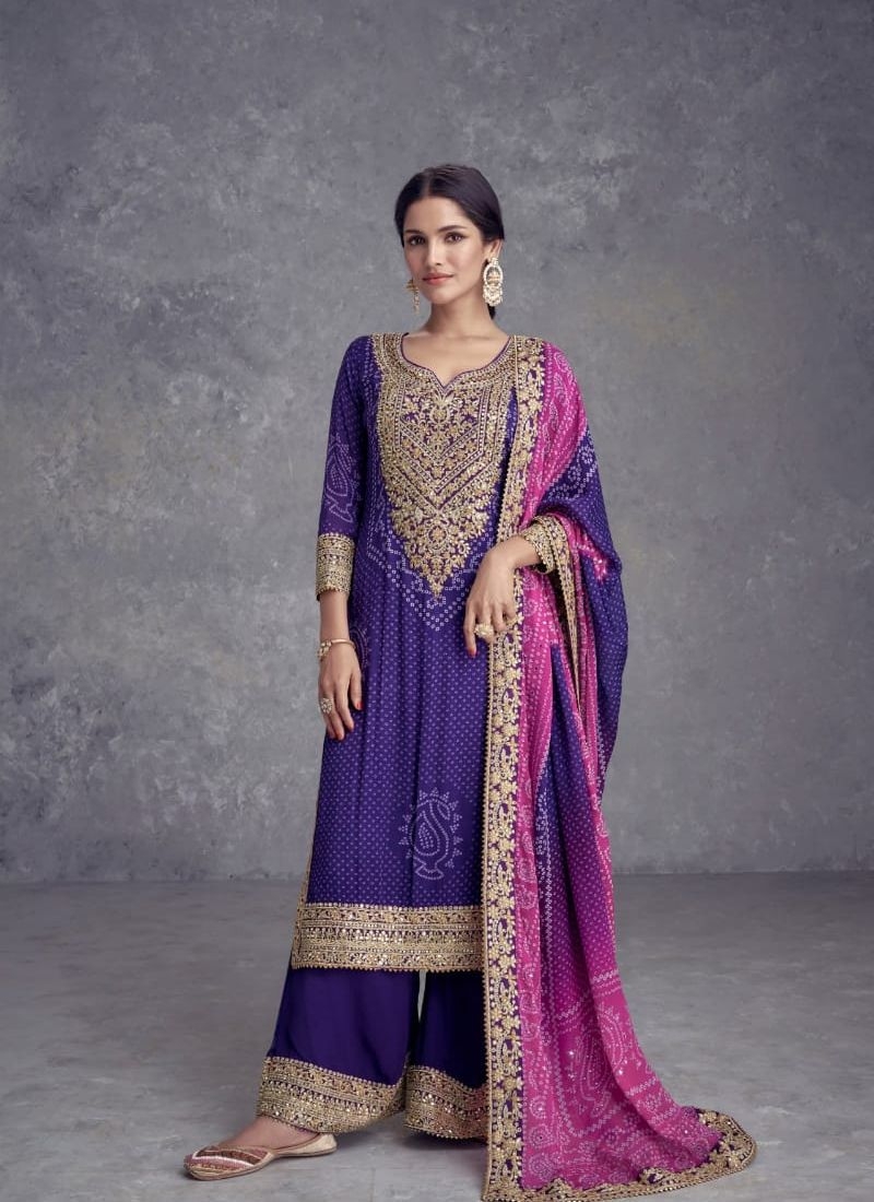 Digital printed and mirror embroidered Chinon palazzo suit in purple