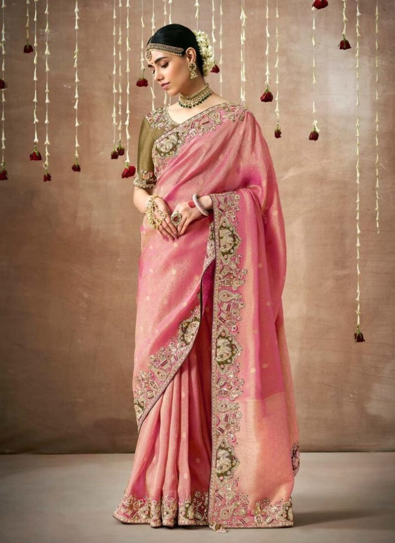 Exquisite thread embroidered Dola silk saree in peach