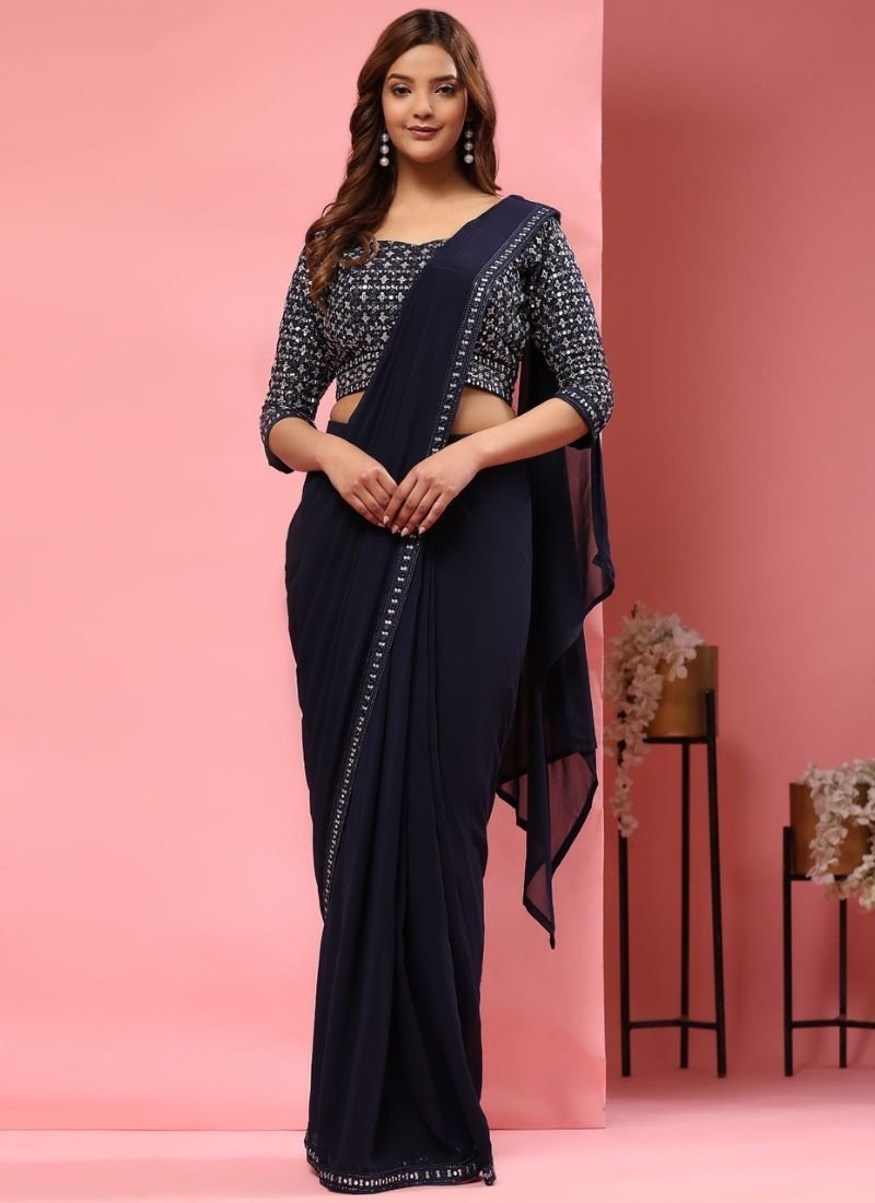 Beautiful embroidered pure georgette saree in navy blue