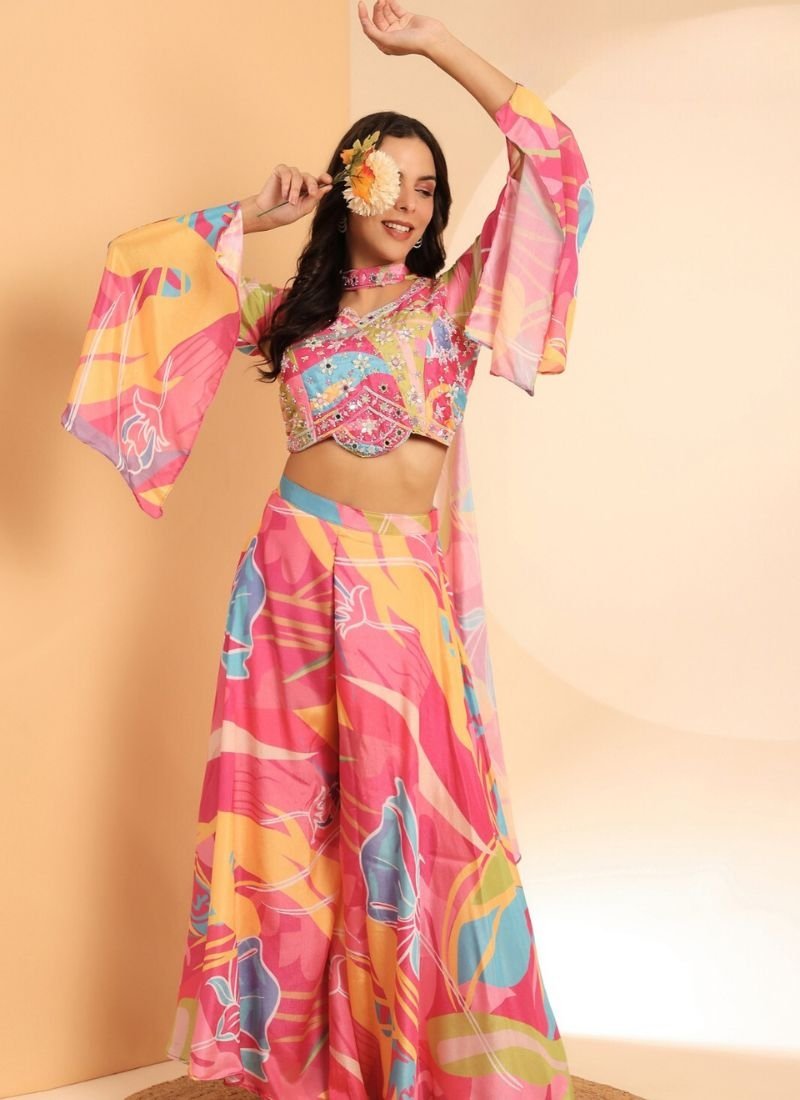 Designer digital printed satin silk crop top set in pink